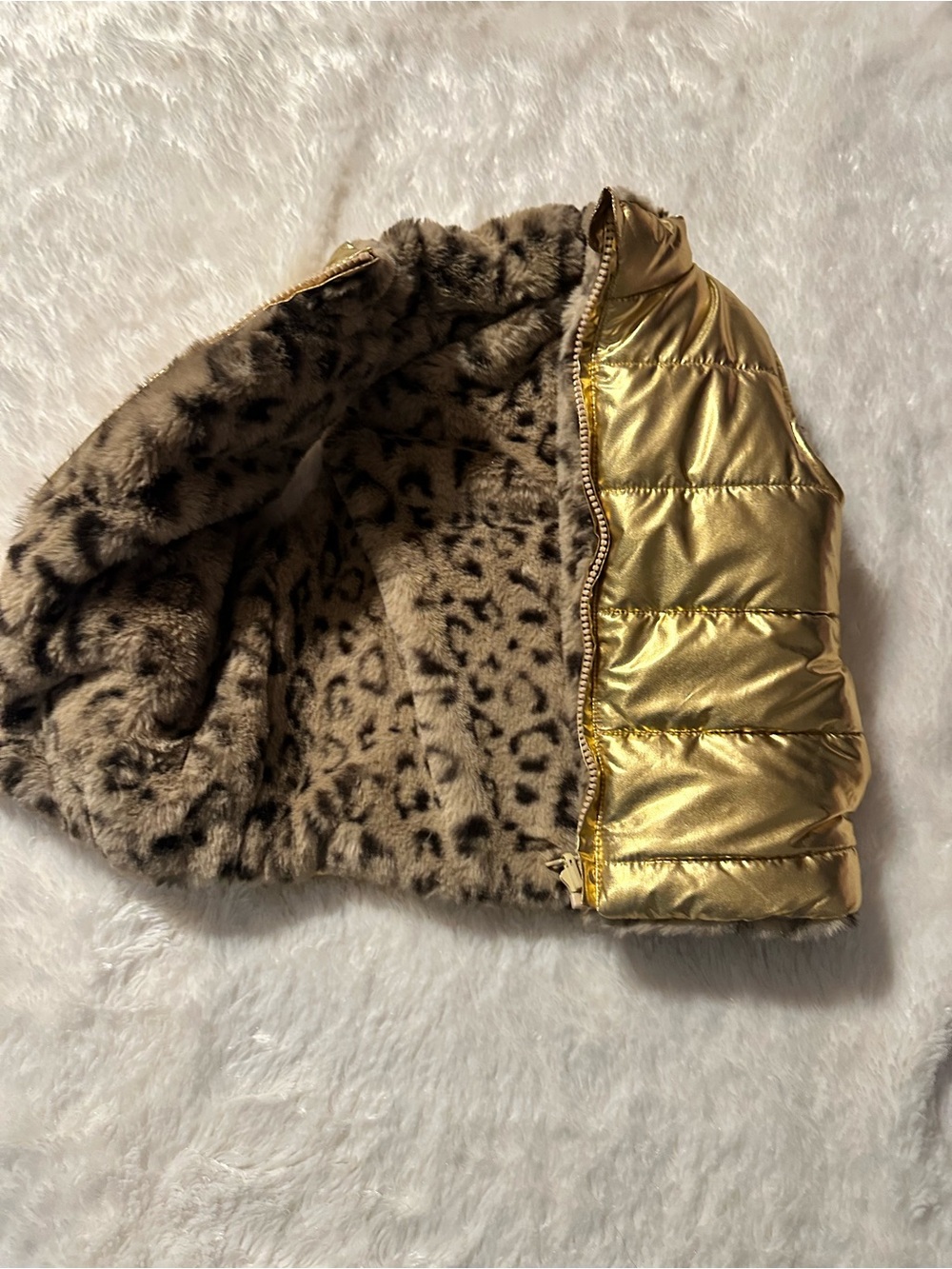 Kids Metallic Gold Puffer Jacket with Leopard Faux Fur Lining